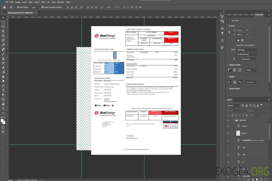 États-Unis Colorado XcelEnergy modèle de facture de services publics d'électricité aux formats Word et PDF, version 3 template